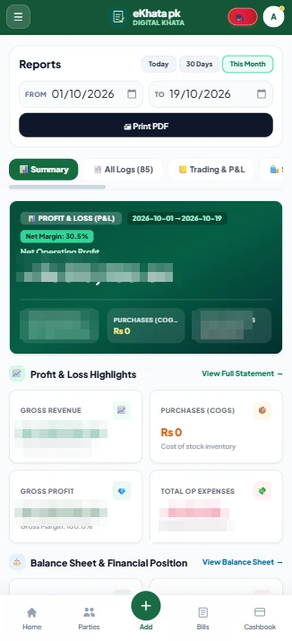 eKhata profit and loss report screen with net operating profit