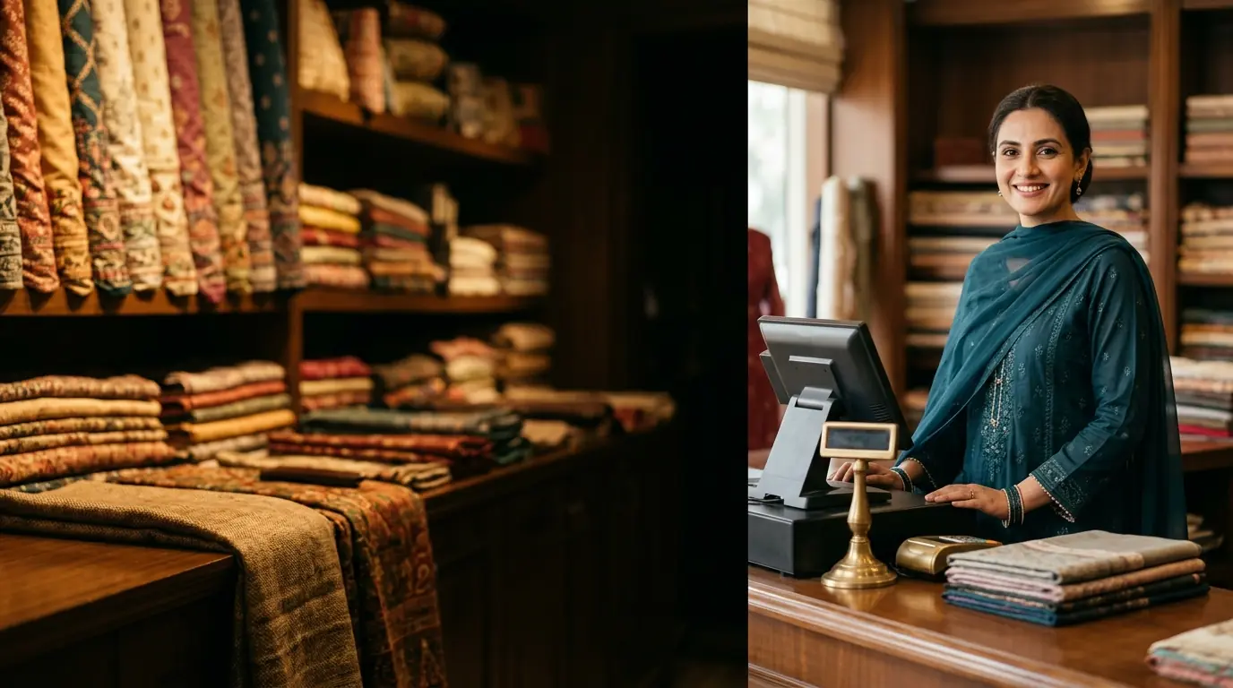 Pakistani retail businesswoman behind counter with eKhata daily cashbook