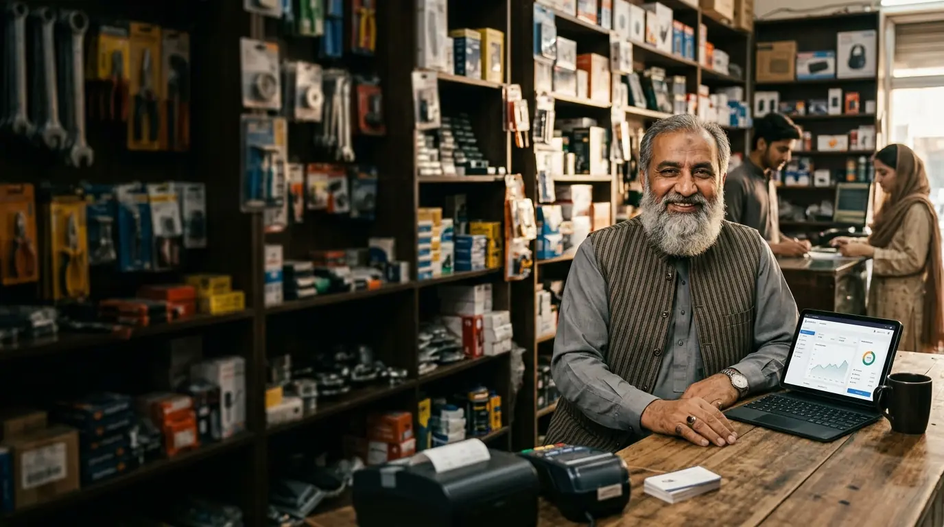 Pakistani shop owner at desk with staff in background and eKhata P&L statement