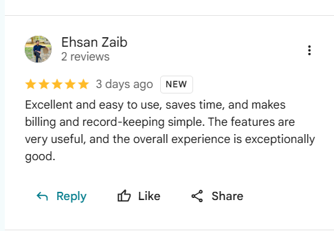 Google review by Ehsan Zaib